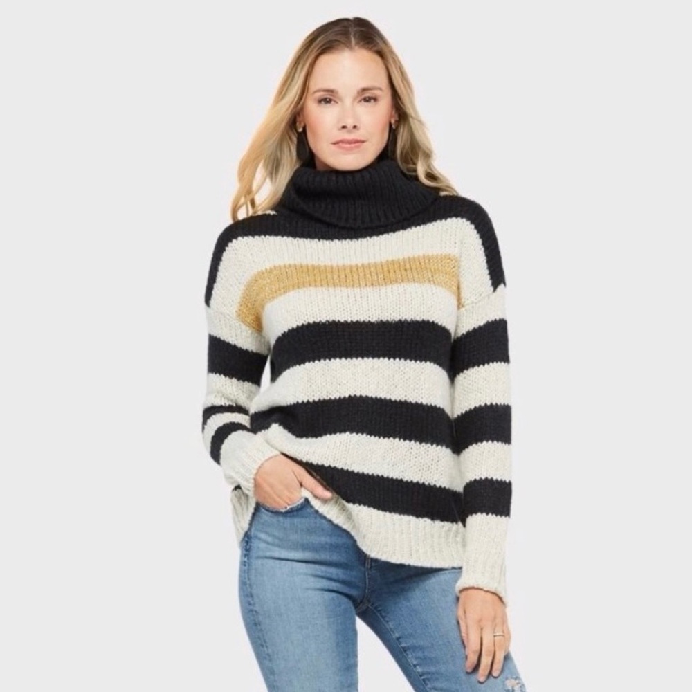 Allison Joy Striped Turtleneck Sweater S Black White Gold Neutral Layering Knit